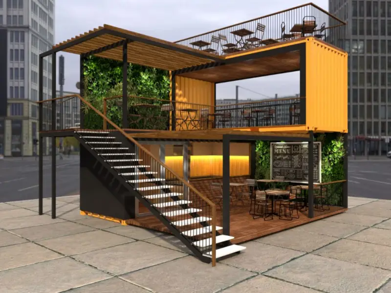 Mô hình quán cafe 2 tầng khung thép (Nhà tiền chế)