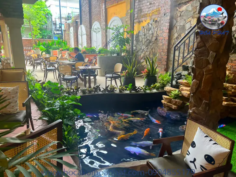 Thiết kế quán cafe cây xanh kết hợp hồ thủy sinh và hồ cá Koi