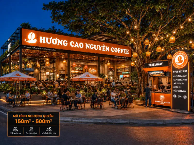 Mô hình quán cafe nhượng quyền 150m2 - 500m2 của Hương Cao Nguyên