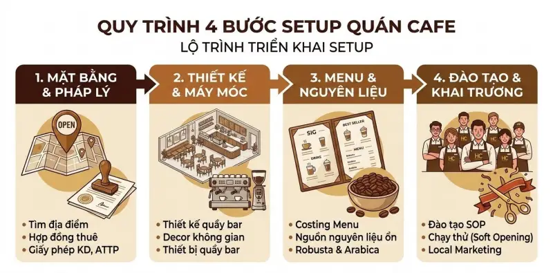 Quy trình 4 bước để setup mở 1 quán cafe