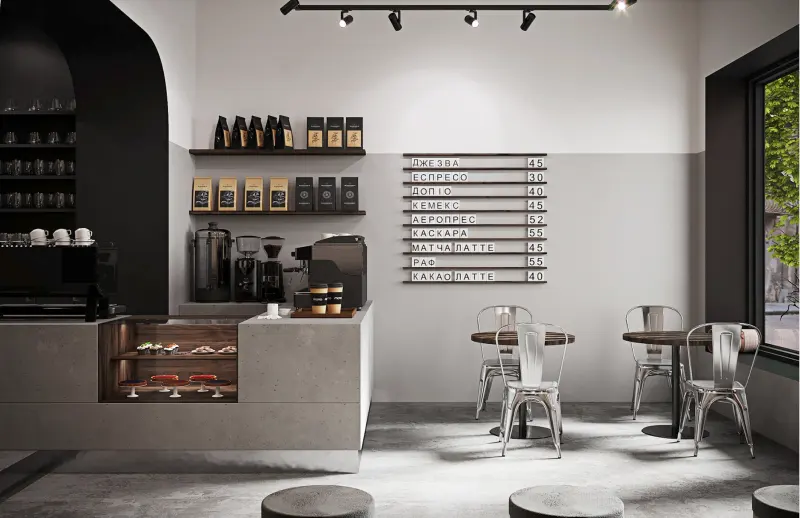 Mô hình quán cafe hiện đại phong cách Tối giản